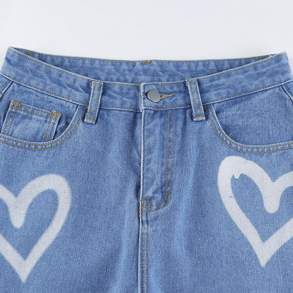 Wide-leg Jeans Women's Love Print Straight Loose