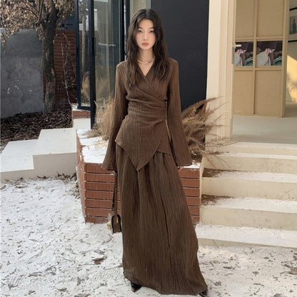 💃 Amsata– Ensemble Cardigan Plissé et Jupe Taille Haute