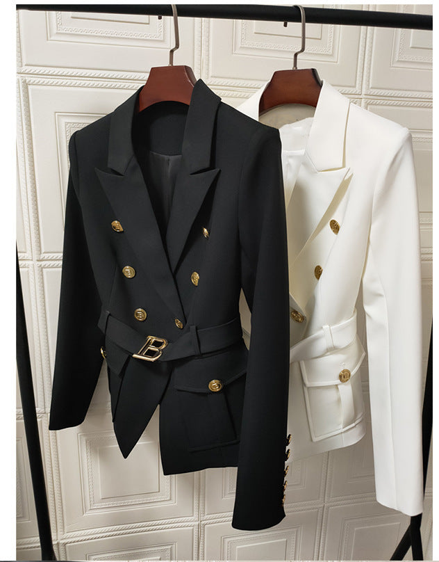 Women's Belt Metal Buckle Black And White Two Color Pocket Slim Small Suit Temperament Coat