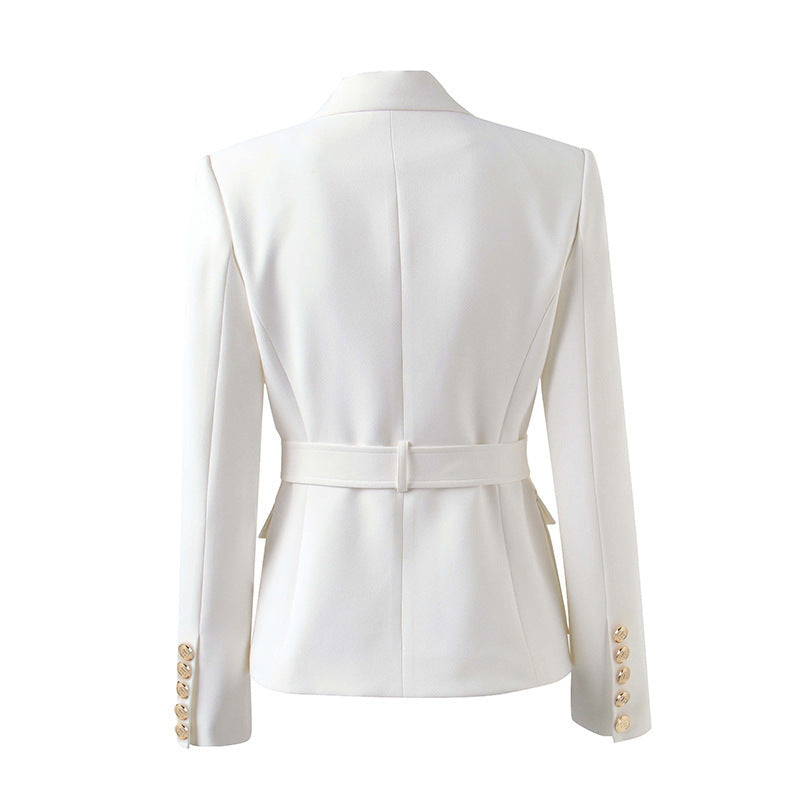 Women's Belt Metal Buckle Black And White Two Color Pocket Slim Small Suit Temperament Coat