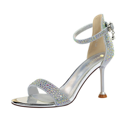 High heel toe rhinestone strap sandals