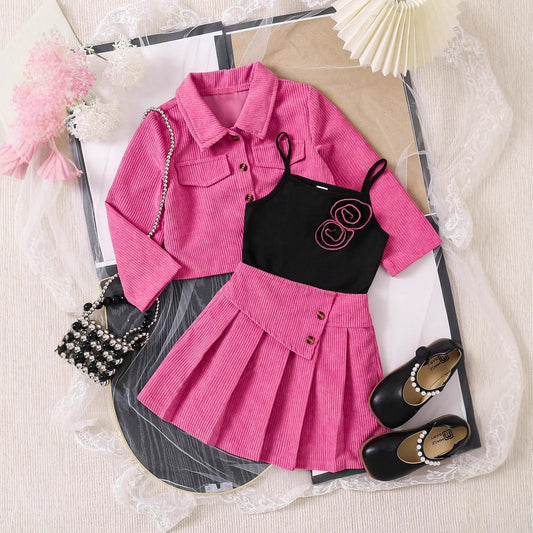 💖Manteau Velours Côtelé, Jupe & Top Bretelle (3 Pièces)