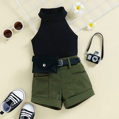 ✨ Ensemble Estival Sans Manches – Haut à Rayures & Short Volanté