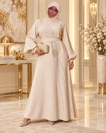 Zeynab — Robe de soirée ornée de motifs floraux, Beige