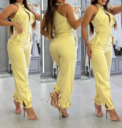 Ensemble Deux Pièces Haut Halter Pantalon Casual Femme