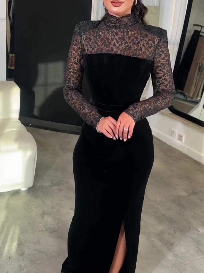 Ensemble Deux Pièces Robe Maxi Velours Dentelle Paillettes Noire