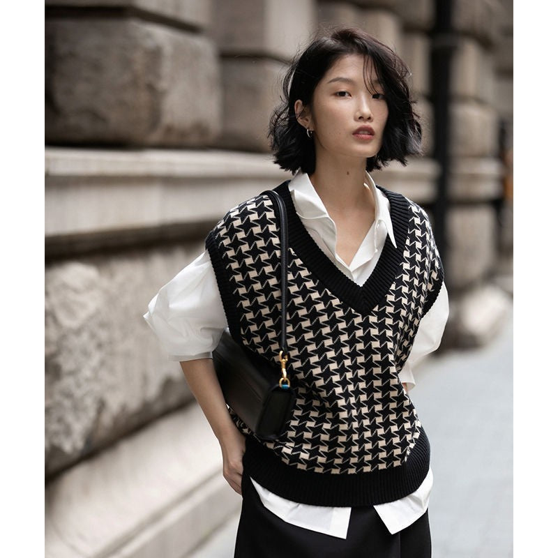 🖤 Diarria – Gilet tricoté à carreaux pied-de-poule