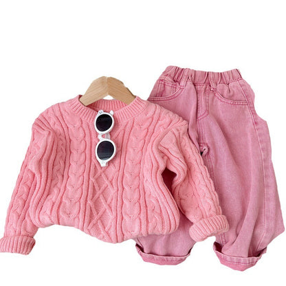 Look Douillet Rose  Pull Tricoté & Jean Confort Fille