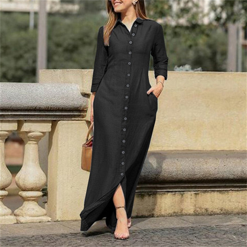 Robe longue en jean pour femme – Décontractée, boutonnée, manches longues, avec poches