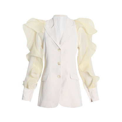 Personality Lapel Gauze Stitching Puff Sleeves High-quality Slim Suit Jacket