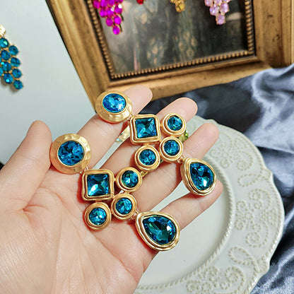 Blue Bright Crystal Oval Stud Earrings Wheat Plain Gold Necklace