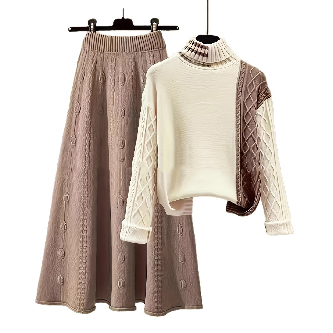 Axelila – Ensemble Élégant Col Polo et Jupe Laineuse Contrastée