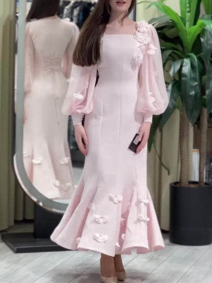 Robe Sirène Florale Manches Longues Rose