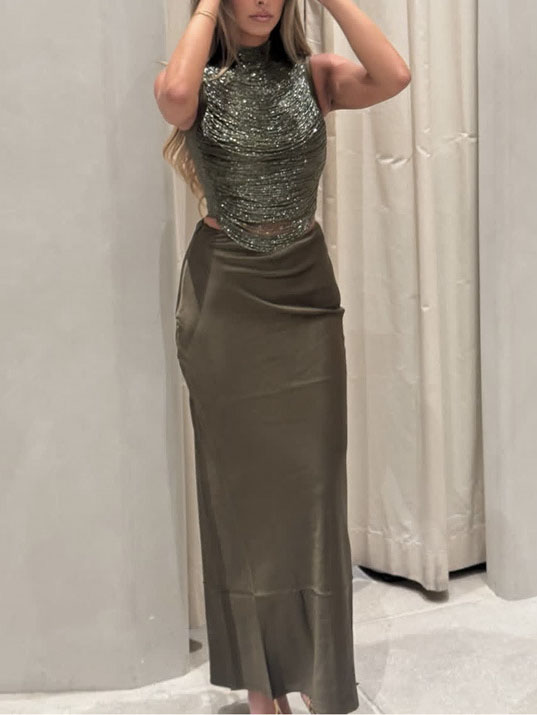 Ensemble Satin Franges Jupe Sirène