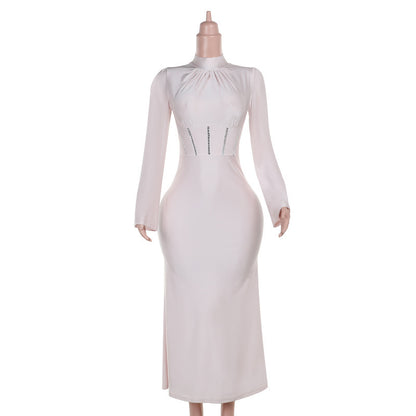 Autumn Fashion Style Half Turtleneck Rhinestone Long Sleeve Dress