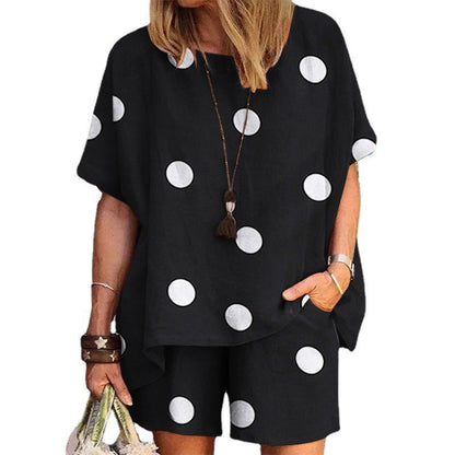 Women's Polka Dot Print Crew Neck Loose Short Sleeve Shorts Set