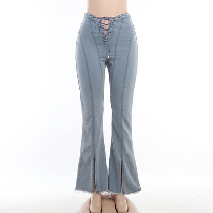Women's High Waist Lace-up Cutout Split Jeans