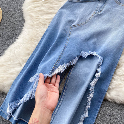 Women's Fashion Pleated Tie Crossbody Vest Irregular Raw Hem Denim Skirt Two-piece Set
