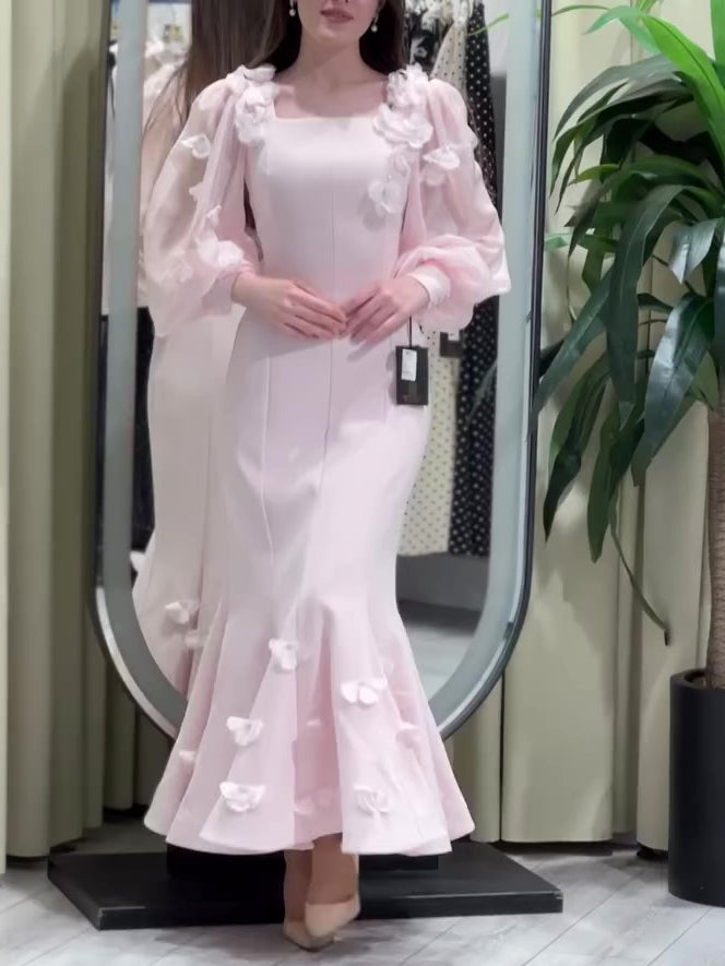 Robe Sirène Florale Manches Longues Rose