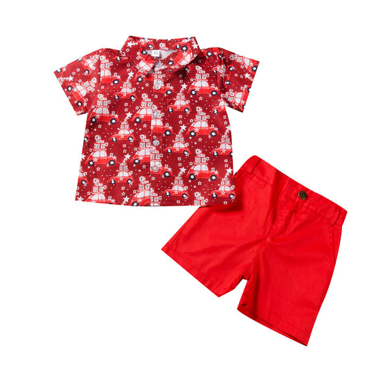 Boys Christmas Deer Print Shirt Shorts Set