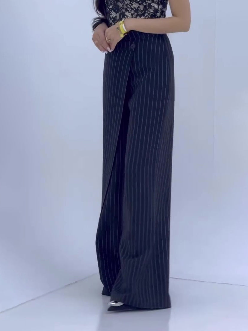 Pantalon Large Rayé Taille Haute Femme