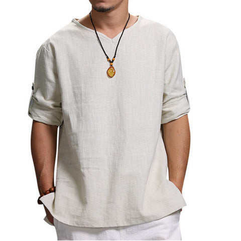 European And American Pullover Cotton And Linen Men's Shirt