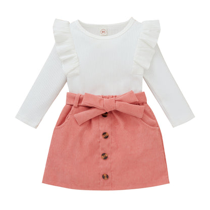 🎀 Ensemble Chic Fille – Haut Côtelé & Jupe Nœud
