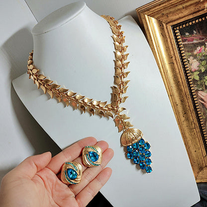 Blue Bright Crystal Oval Stud Earrings Wheat Plain Gold Necklace