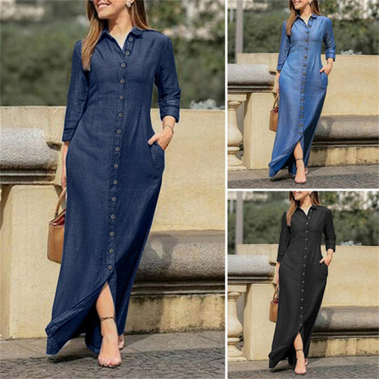 Robe longue en jean pour femme – Décontractée, boutonnée, manches longues, avec poches