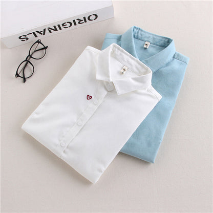 Women's Heart-shaped Embroidered Oxford-woven Bottoming Shirt Top