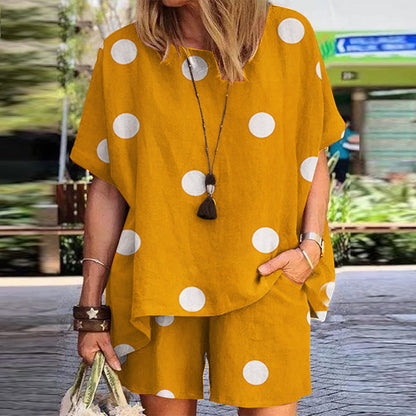 Women's Polka Dot Print Crew Neck Loose Short Sleeve Shorts Set