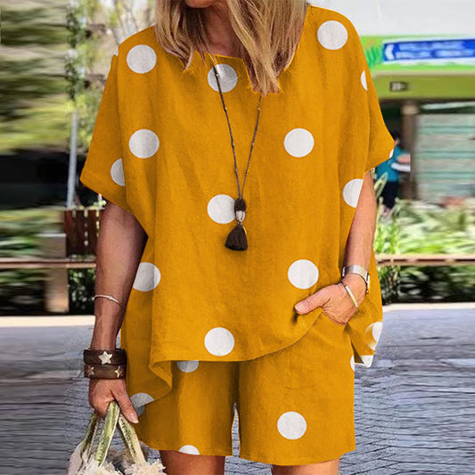 Women's Polka Dot Print Crew Neck Loose Short Sleeve Shorts Set