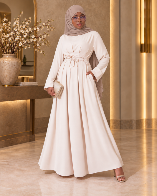 Fatima — Robe ceinturée à double bretelle, Beige
