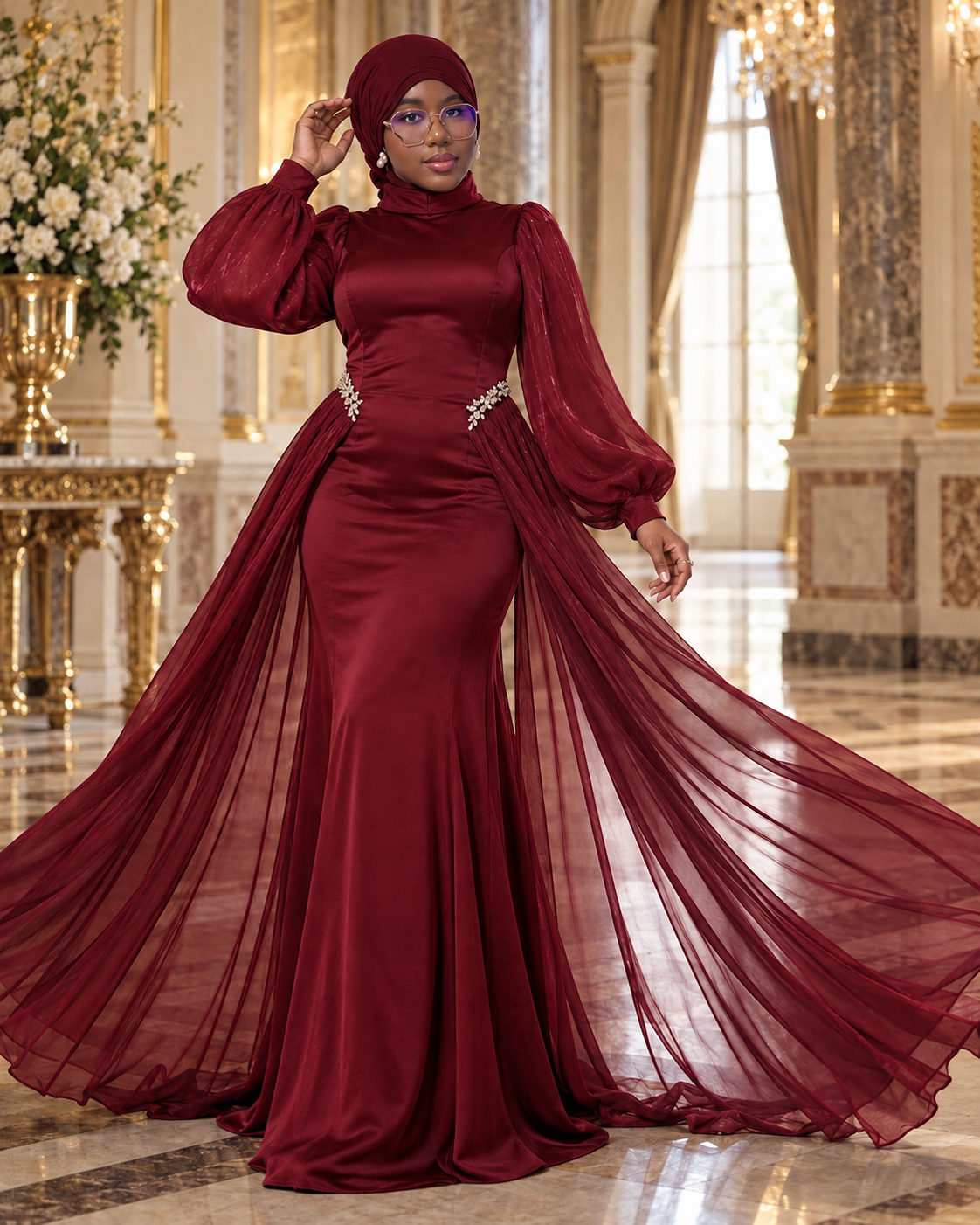 Bilqis — Robe de soirée cape ceinturée, Bordeaux