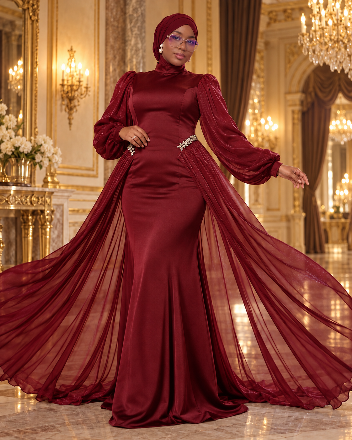 Bilqis — Robe de soirée cape ceinturée, Bordeaux