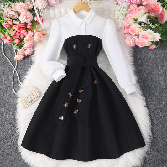 Long Sleeve Lapel Button Stitching Contrasting-color Dress