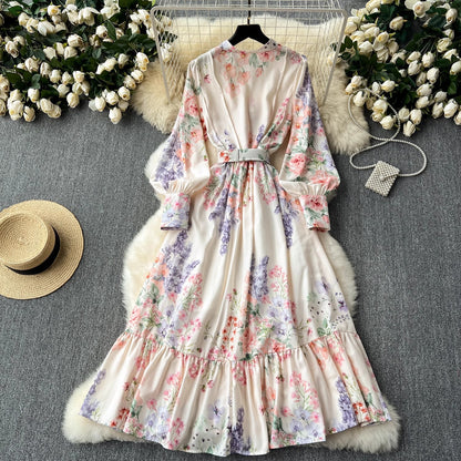 Robe Élégante à Imprimés Style Français – Manches Longues Ballon