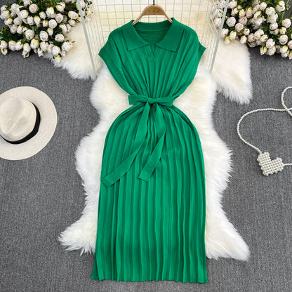 Women's French Retro Loose Waist-controlled Lace-up A- Line Knitted Dress