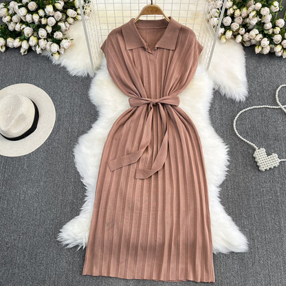 Women's French Retro Loose Waist-controlled Lace-up A- Line Knitted Dress