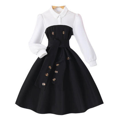 Long Sleeve Lapel Button Stitching Contrasting-color Dress