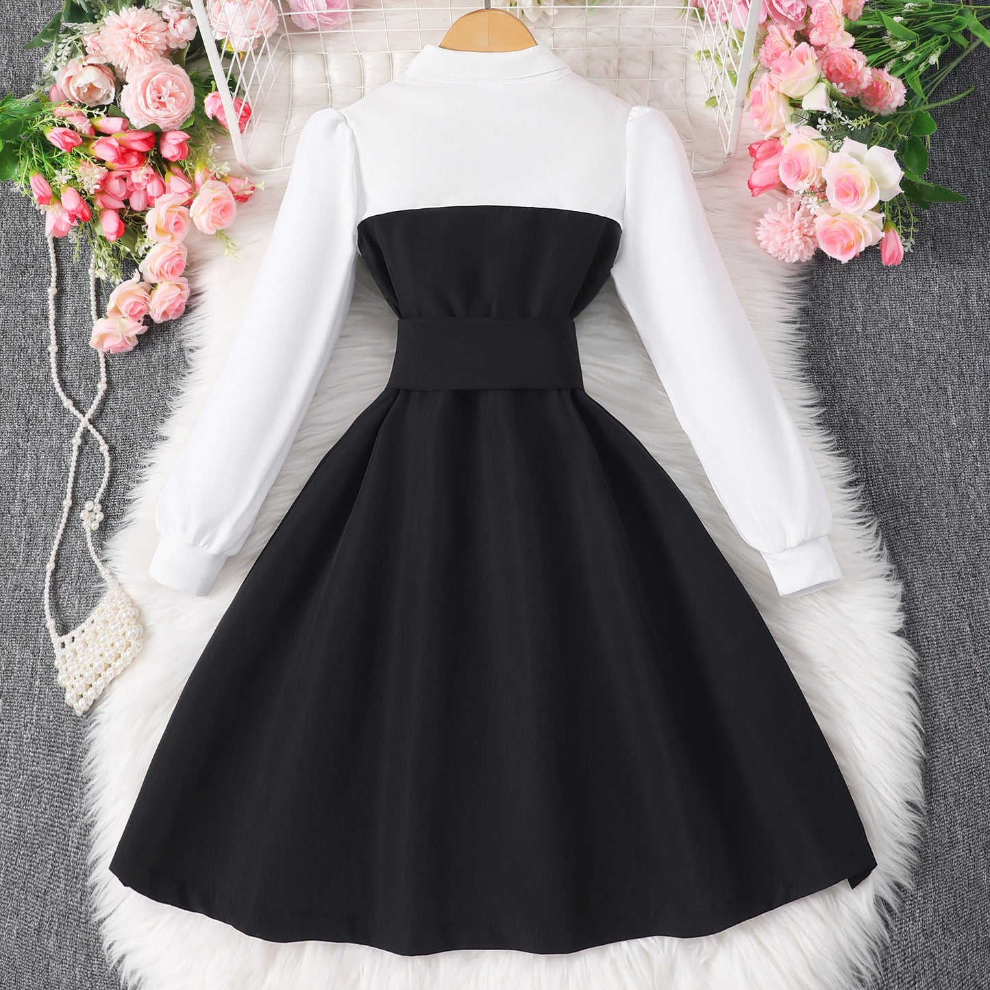 Long Sleeve Lapel Button Stitching Contrasting-color Dress