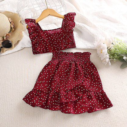 🎀 Ensemble Fille Été à Pois – Haut Bretelles & Jupe
