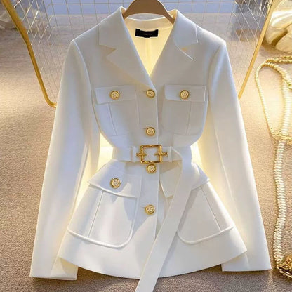 Women's Black Suit Waist Trimming Coat Short