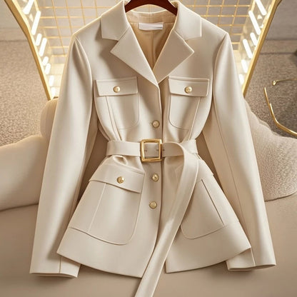 Women's Black Suit Waist Trimming Coat Short