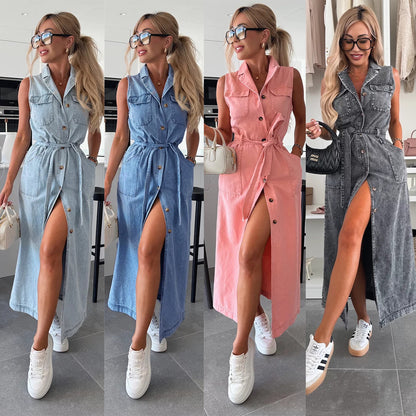 New Sleeveless Long Tie Waist-tight Single-breasted Denim Dress
