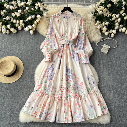 Robe Élégante à Imprimés Style Français – Manches Longues Ballon