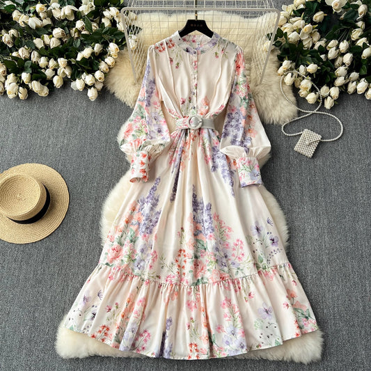 Robe Élégante à Imprimés Style Français – Manches Longues Ballon