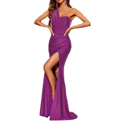 One-shoulder Pleated Wrap Evening Dress Dress