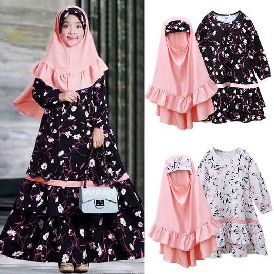 Girl's Long-sleeved Dress Long Skirt Scarf Two-piece Set