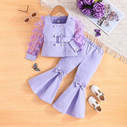 Girls' Mesh Sleeve Top Bell-bottom Pants Suit